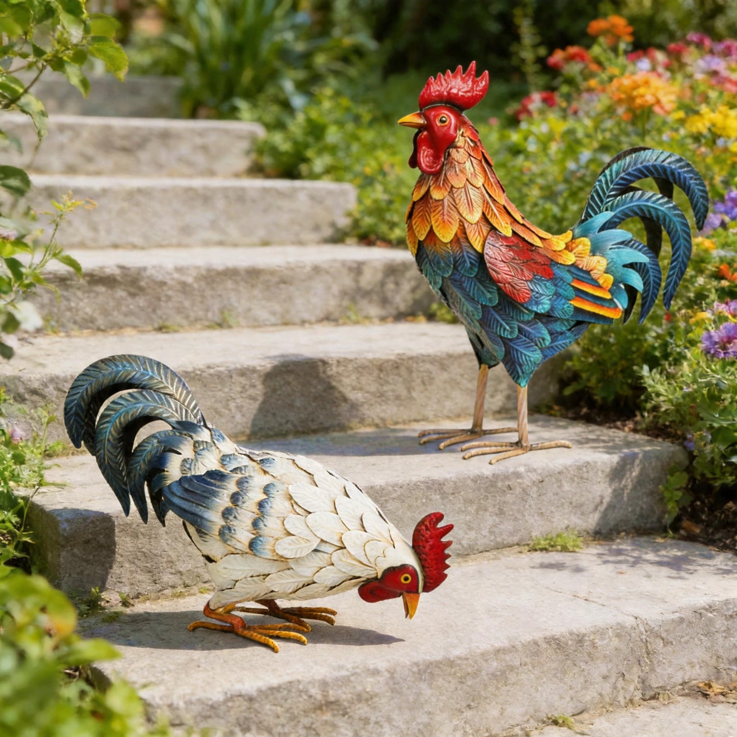 Shorayn Metal Rooster Statues, Outdoor Garden Metal Chicken Decor, Garden Sculptures Chicken Ornaments Yard Art for Backyard Patio Lawn Decorations, Set of 2