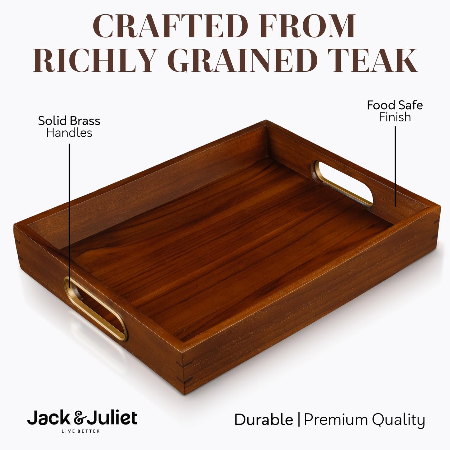 Jack & Juliet Teak Wood Ottoman Tray – Large Wooden Multifunctional Tray with Real Brass Handles - Non Slip Base in Food-Safe Finish - Gift-Ready Packaging for Coffee Table and Home Decor (Walnut)