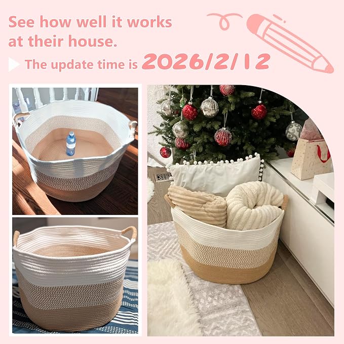 Artfeel 70L Large Cotton Rope Basket, Decorative Woven Blanket Storage for Living Room, Boho Toy Storage & Toy Box for Kids, Versatile Laundry Basket & Nursery Hamper for Blankets(Pink)