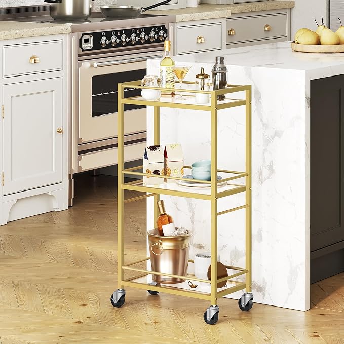 MAHANCRIS Bar Cart for The Home, 3-Tier Drink Cart on Wheels, Home Bar Serving Cart, Mini Bar Cart for Small Space, Kitchen, Dining Room, Gold RCJ40B01