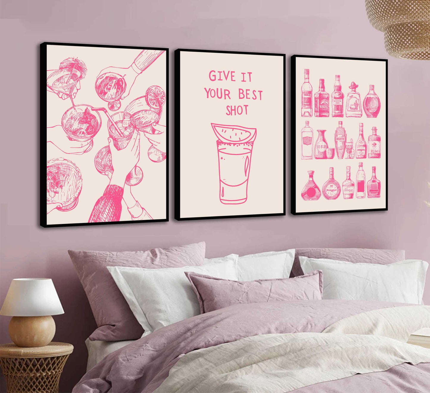 3Pcs Pink Bar Cart Wall Art Coquette Trendy Alcohol Bottles Poster Pictures Retro Cocktail Cheer Canvas Painting Girly Preppy Alcoholic Beverage Wall Decor Funky Cocktail Wiskey Prints Unframed