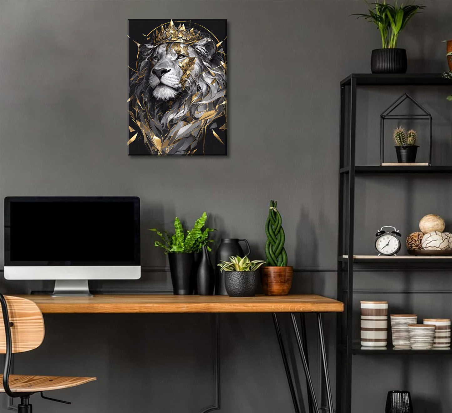 Lion King Canvas Wall Art Man's Cave Poster Prints Crown Lion Pictures Modern Abstract Black Gold Animal Painting Wall Decor Living Room for Men's Bedroom Office 12x16in Framed