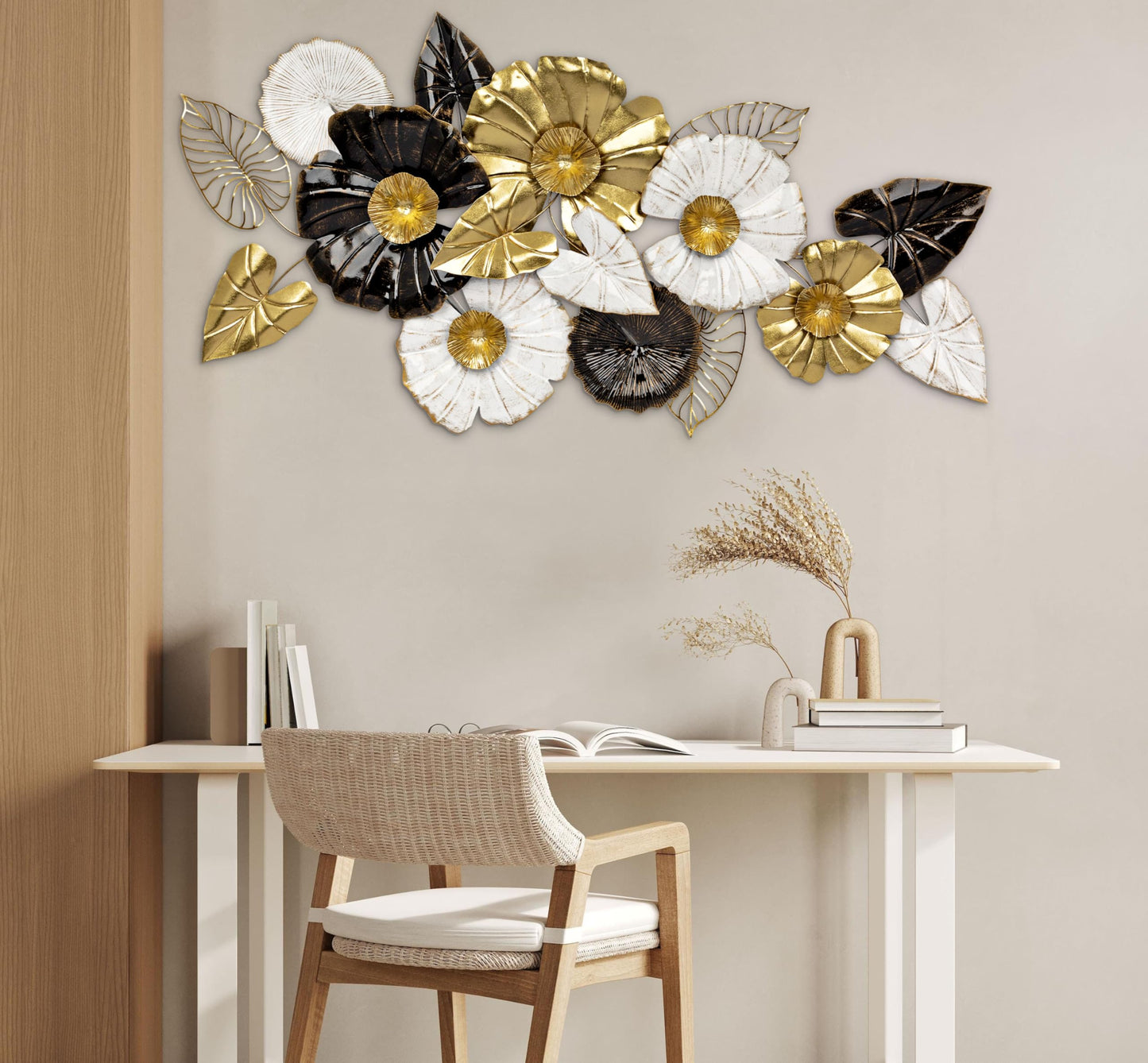 45 Inch Extra Large Wall Decor Art Wall Accents for Living Room, White Gold and Black Wall Art Metal Hanging Decor, Home Kitchen Bathroom Above Bed TV Over White Wall Decor, Rustic Wall Sculptures Decoration