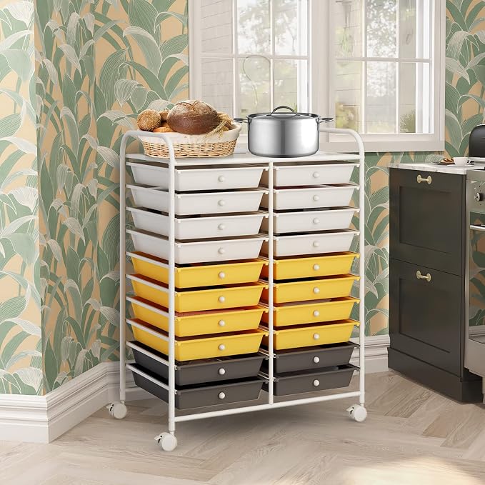 COSTWAY 20-Drawer Rolling Storage Cart, Multipurpose Storage Trolley on Wheels for Home Office School (Yellow, Beige & Grey)