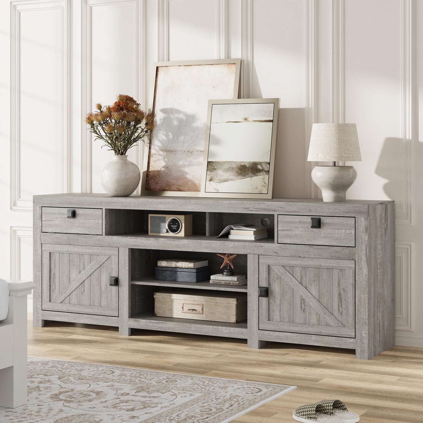 GarveeHome Farmhouse TV Stand for 80 in TVs, Long Entertainment Center with 4 Storage Drawers & 3 Open Shelf, Grey Television Consoles Stands for Living Room, Bedroom