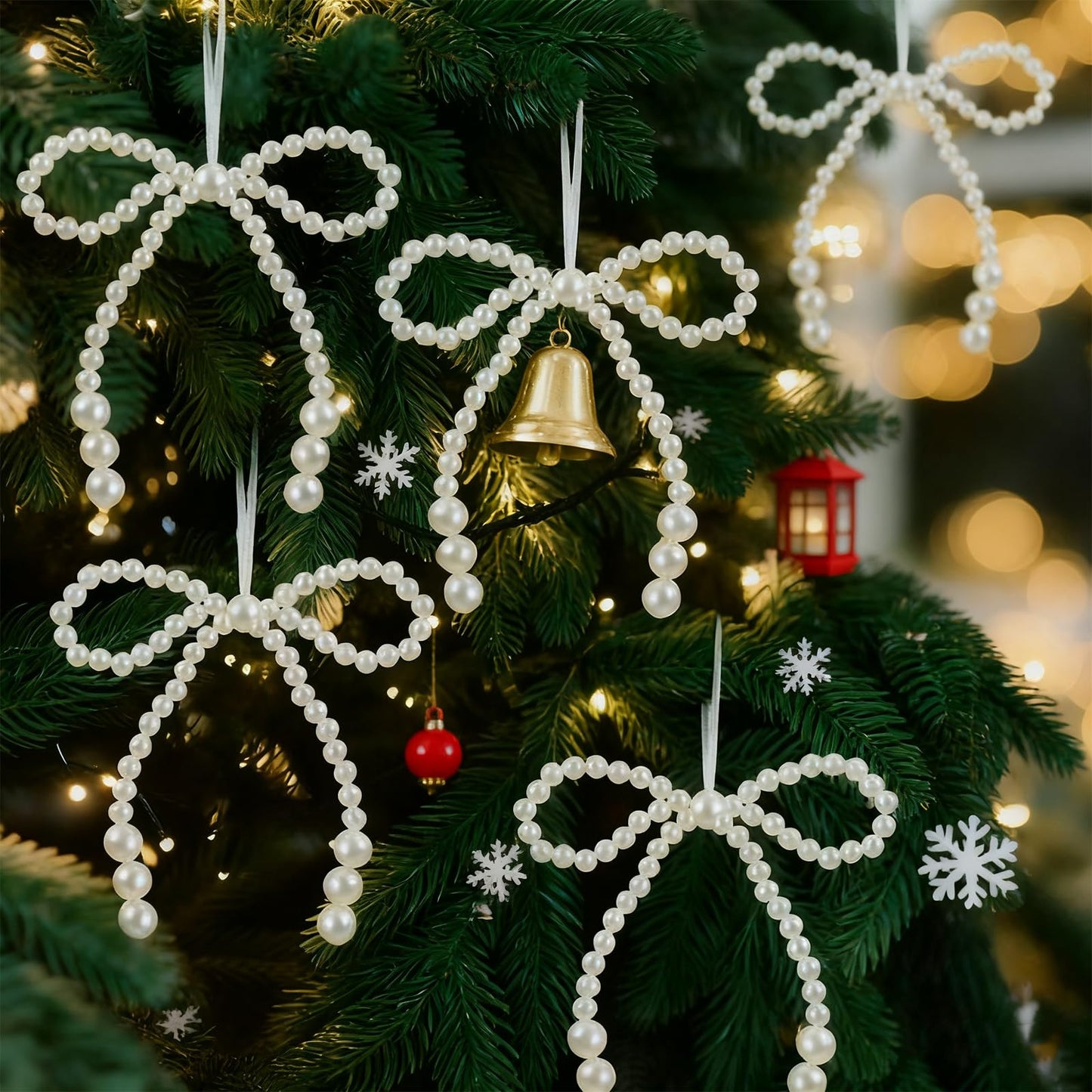 15 Pcs Pearl Bow Christmas Tree Ornaments - Christmas Tree Bead Bow Hanging Ornaments for Xmas Party Crafts, Suitable for Weddings, Gift Wrapping, Home Decoration(White)