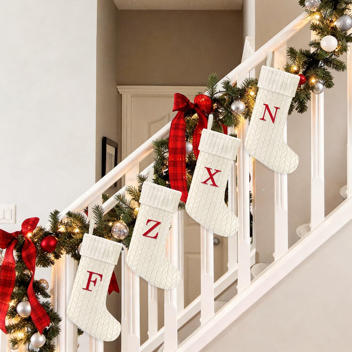 Yoochee 21 Inches Knitted Christmas Stockings with Initials, Large White Custom Monogram Embroidery Christmas Stockings with Letter, Personalized Xmas Decoration for Holiday Family Party-M