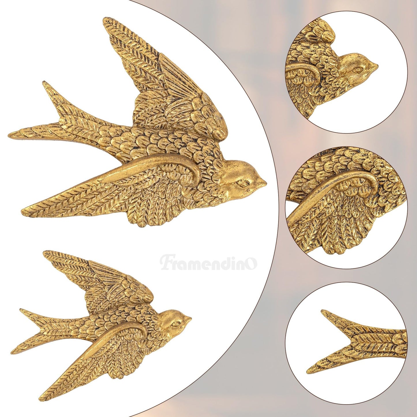 Framendino, 2 Pack Gold Bird Wall Figurines 3D Swallow Sculptures Flying Birds Art Sculpture Hanging Decor for Home Bedroom