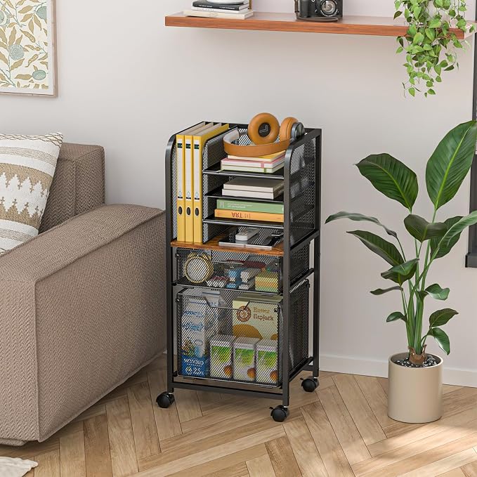 Feyejade 6-Tier Rolling File Cart with 2 Drawers, File Cabinet Organizer for Hanging File Folders, Letter-Size File Storage with Wheels, Multi-Layer Mobile Filing Cabinet for Office and Home