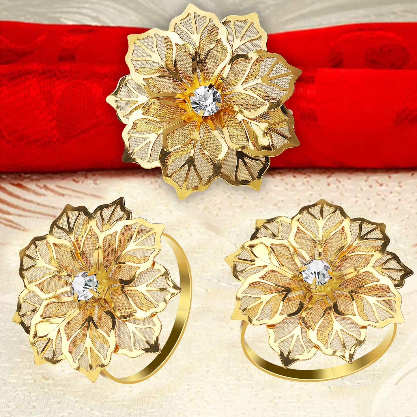 KPOSIYA Set of 20 Napkin Rings, Metal Gold Hollow Out Flower Napkin Ring Holder for Wedding Party Holiday Banquet Christmas Dinner Delicate Serviette Buckles Decor Favor (20, Flower-Gold)