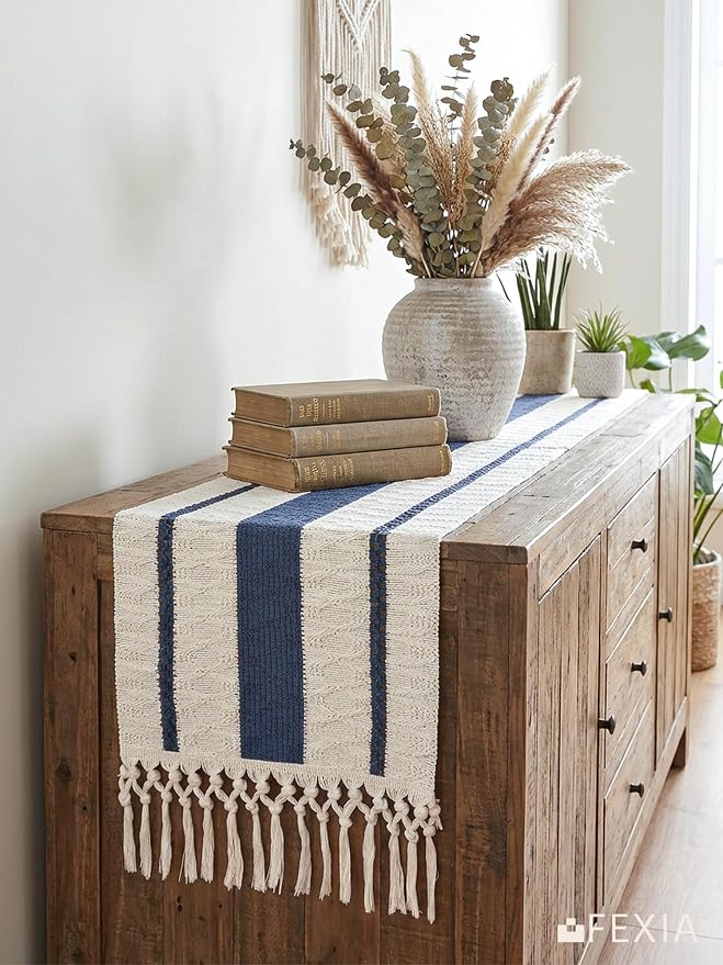 FEXIA Boho Table Runner with Tassels for Summer Home Decor Farmhouse Rustic Burlap Table Decoration for Living Room Dining Room Graduation Decor (12x72 Inches)