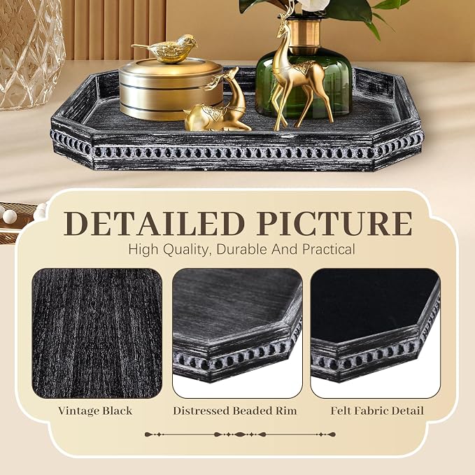 CedarLux Decorative Coffee Table Serving Tray, Long Octagonal Black Wood Tray with Wooden Bead, Farmhouse Big for Ottoman Table, Countertop, Home Decor, 16.5"x13"x1.6" (Retro Black)