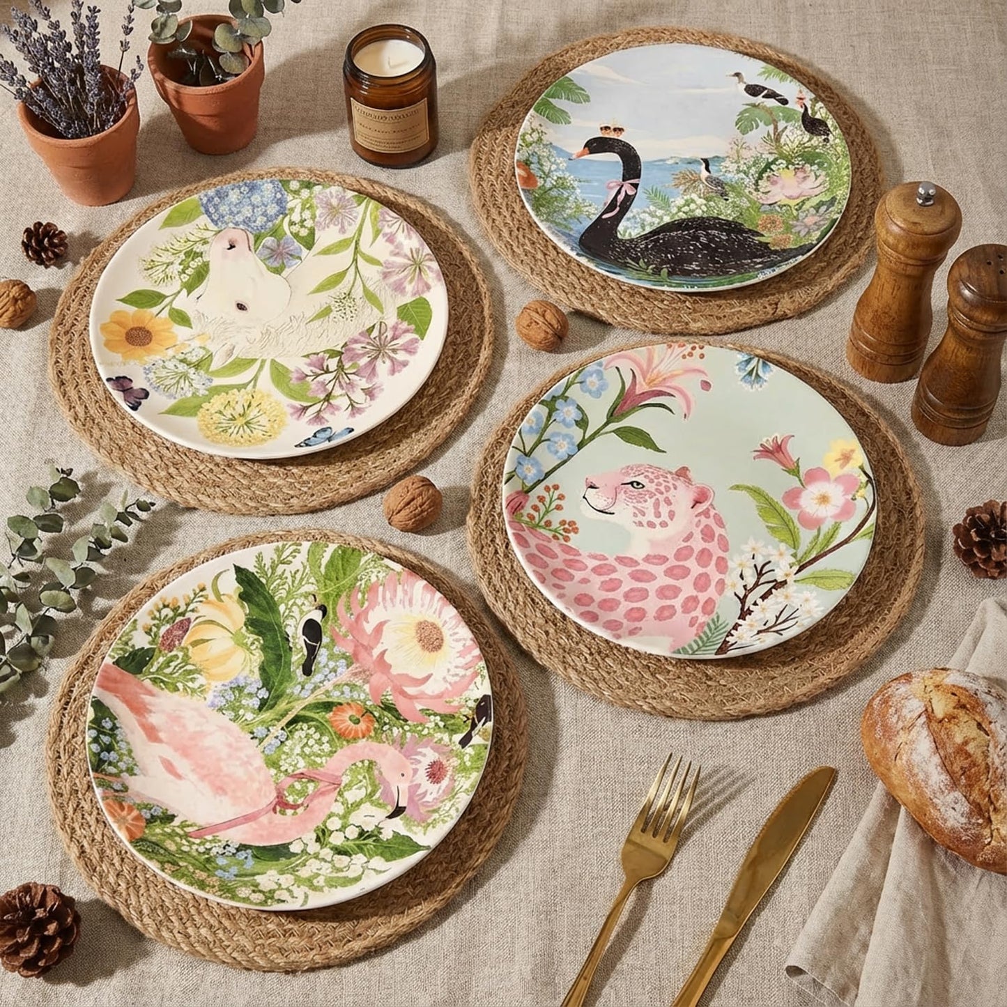 4 Piece Ceramic Plates Set, 8.5Inch Dessert & Salad,Appetizer Plates,Illustrated style Prints, Suitable for Serving Pasta, Pizza. Dishwasher, MicrowaveSafe.gift for birthdays and holidays(8.5inch)