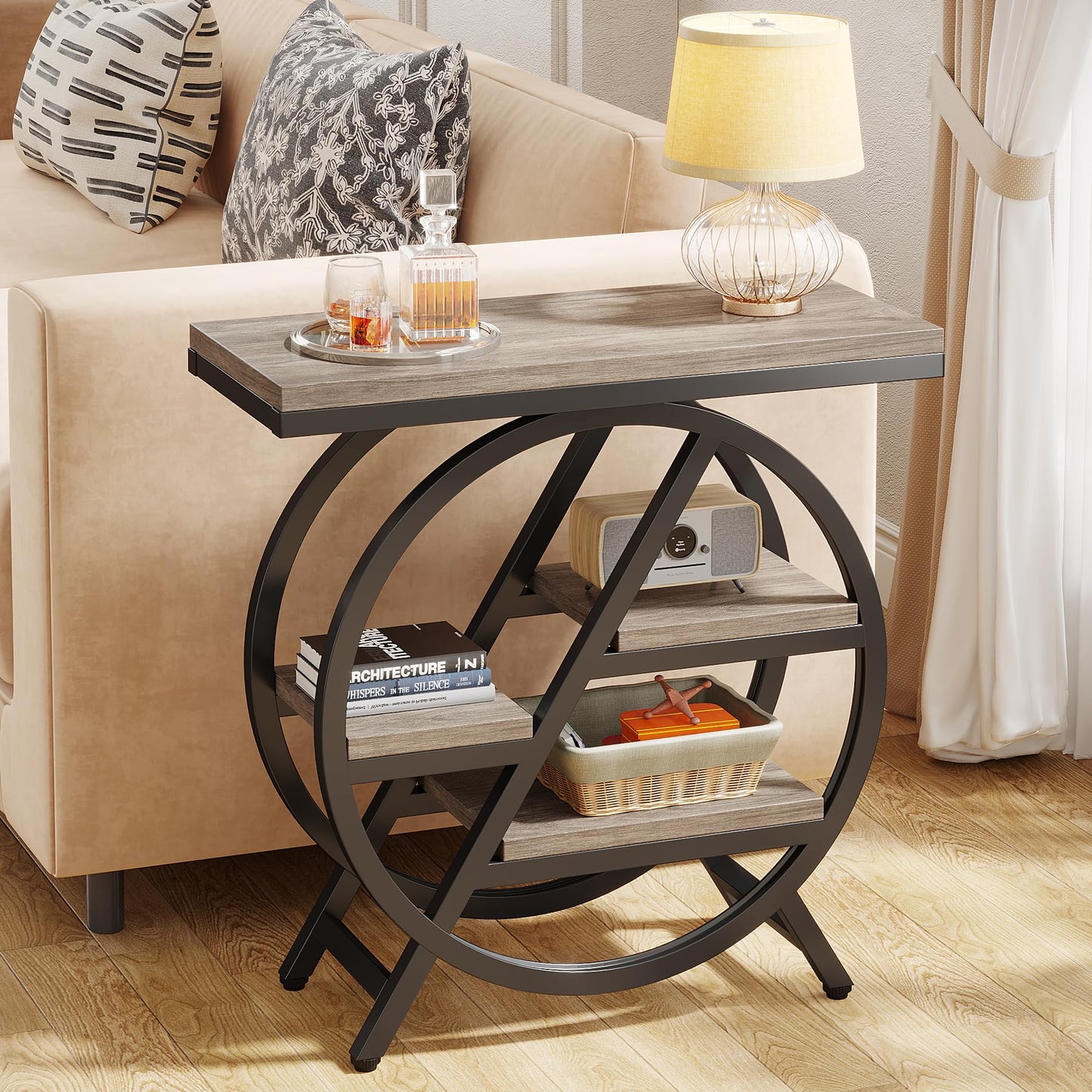 LITTLE TREE End Table, Narrow Side Table with 4-Tier Large Storage Space, Modern Bedside Table for Living Room, Home Office, Bedroom, Set of 2, Grey