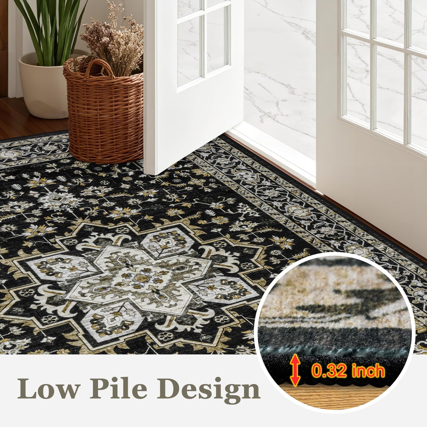 3x5 Area Rugs Living Room Rug: Washable Vintage Boho Medallion Rug No Slip Stain Resistant Soft Carpet Indoor Large Carpets for Bedroom Dining Room Farmhouse Nursery Hallway Home Office Black Gold