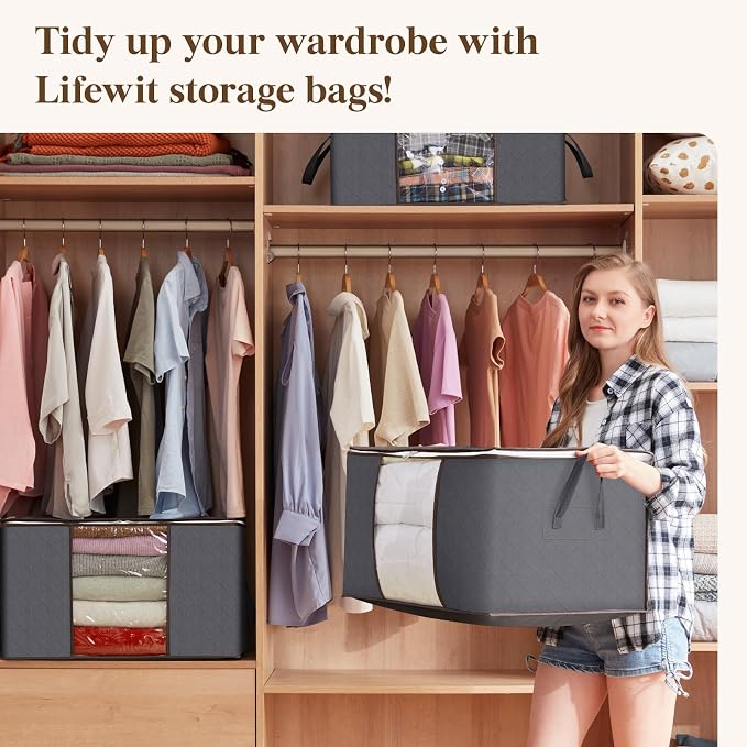 Lifewit 12 Pack 60L Clothes Storage Bins with Lids, Foldable Blanket Storage Bags with Zippers, Clear Window and Reinforced Handles, Closet and Organization for Clothing, Sweater, Comforter, Bedding