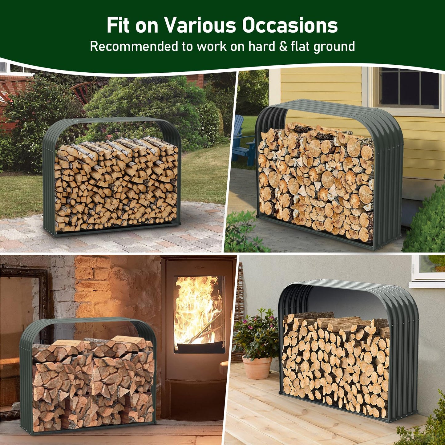 A ANLEOLIFE 4-Set Galvanized Steel Firewood Storage Rack with Weatherproof Corrugated Roof, Heavy Duty Outdoor Log Holder for Patio Porch Fire Pit, Trio Gray