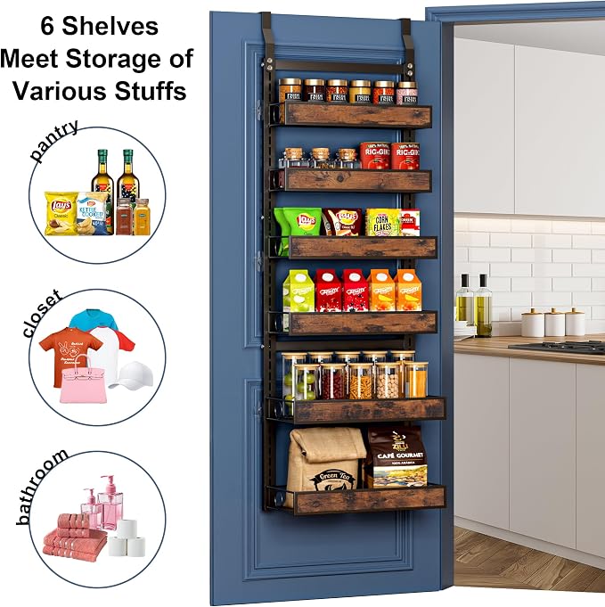 6 Tier Over The Door Pantry Orangizer 2 IN 1 Wall Mounted or Hanging Spice Rack with Adjustable Wood Basket,Heavy Duty Seasoning Storage Shelf for Kitchen Pantry and Bathroom