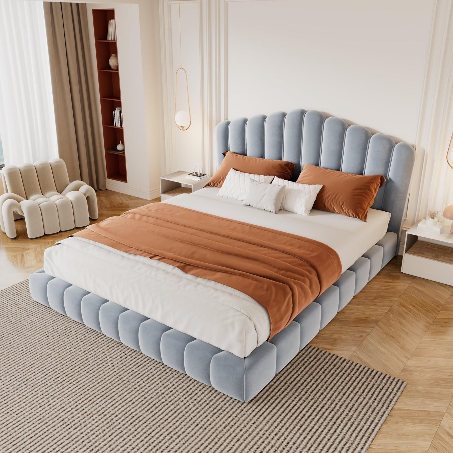 Merax Queen Size Floor Platform Bed Frame,Velvet Upholstered Bedframe with Shell-Shaped Headboard and Cushioning All Around Guards for Bedroom,No Box Spring Needed,Light Blue