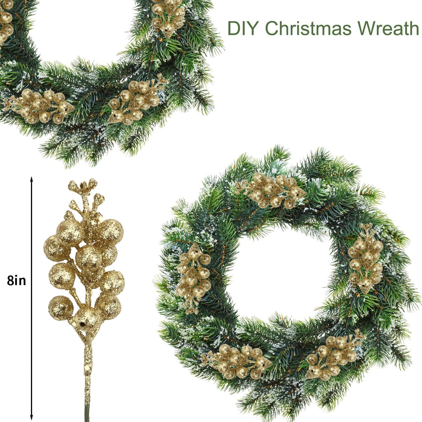 DIYASY Champagne Glitter Berry Stems,20Pcs Artificial Xmas Picks and Sprays Christmas Tree Filler Branches Ornaments Holiday Wreath Garland Decorations Home Décor 7.8 Inch