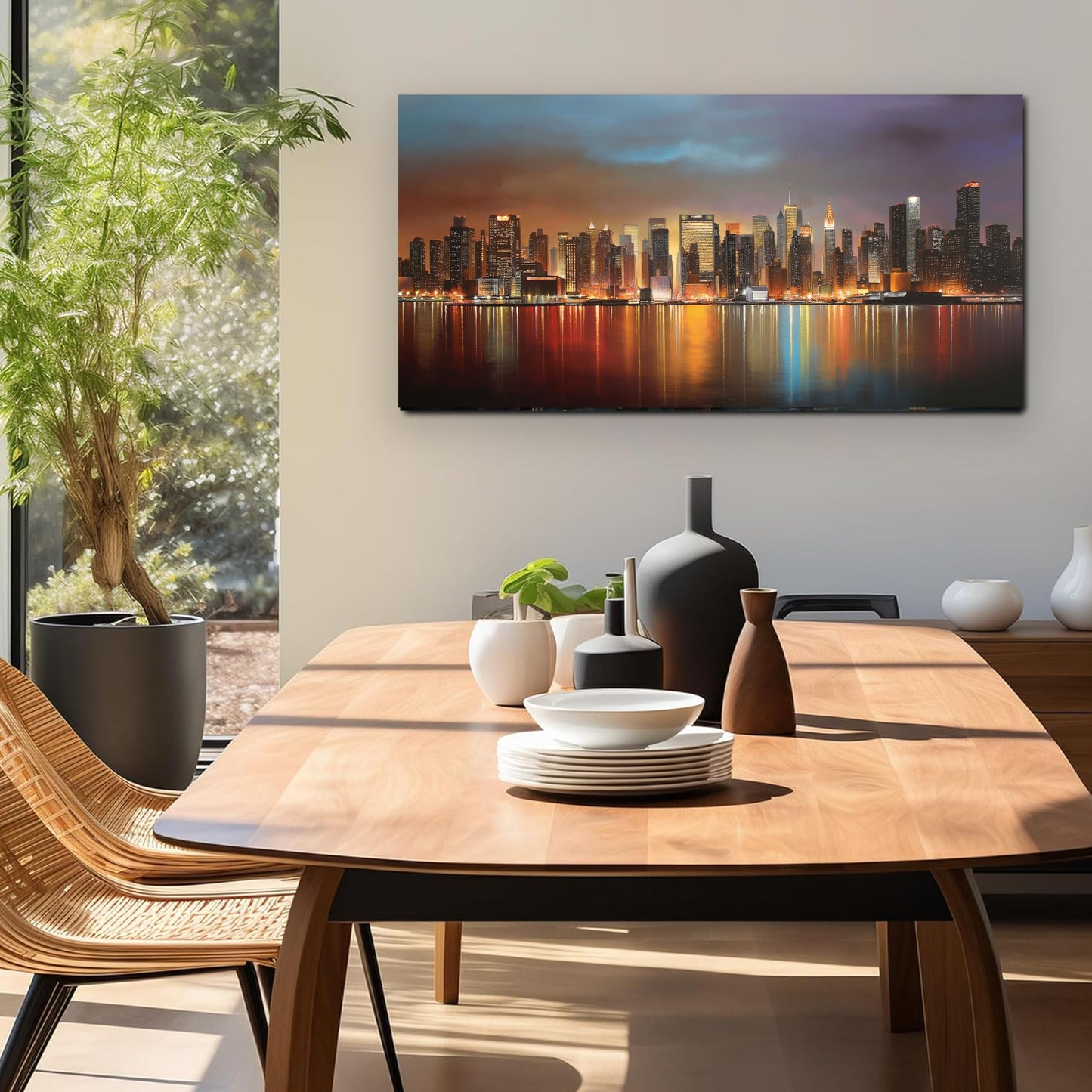 MMMSANSAT Modern New York City Canvas Wall Art for Living Room Manhattan Skyline Night View Artwork for Bedroom Office Canvas Print 20"x40"