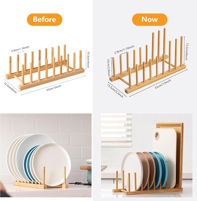 HBlife 4pcs Heighten and Widen Bamboo Dish Drying Rack Plate Bowl Cup Book Pot Lid Cutting Board Stand Drainer Storage Holder Organizer for Kitchen Cabinet