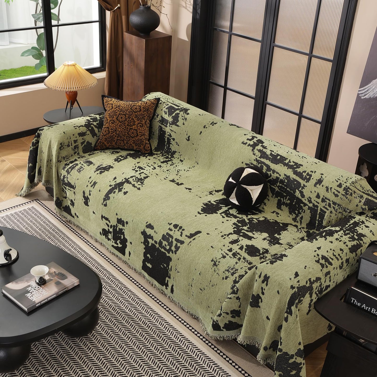 HANDONTIME Abstract Couch Cover for Dogs Green and Black Couch Cover Blanket for 2 Cushion Sofa Modern Aesthetics Sofa Covers Washable Pet Friendly Chenille Pet Protector Furniture Covers, 71" X 118"