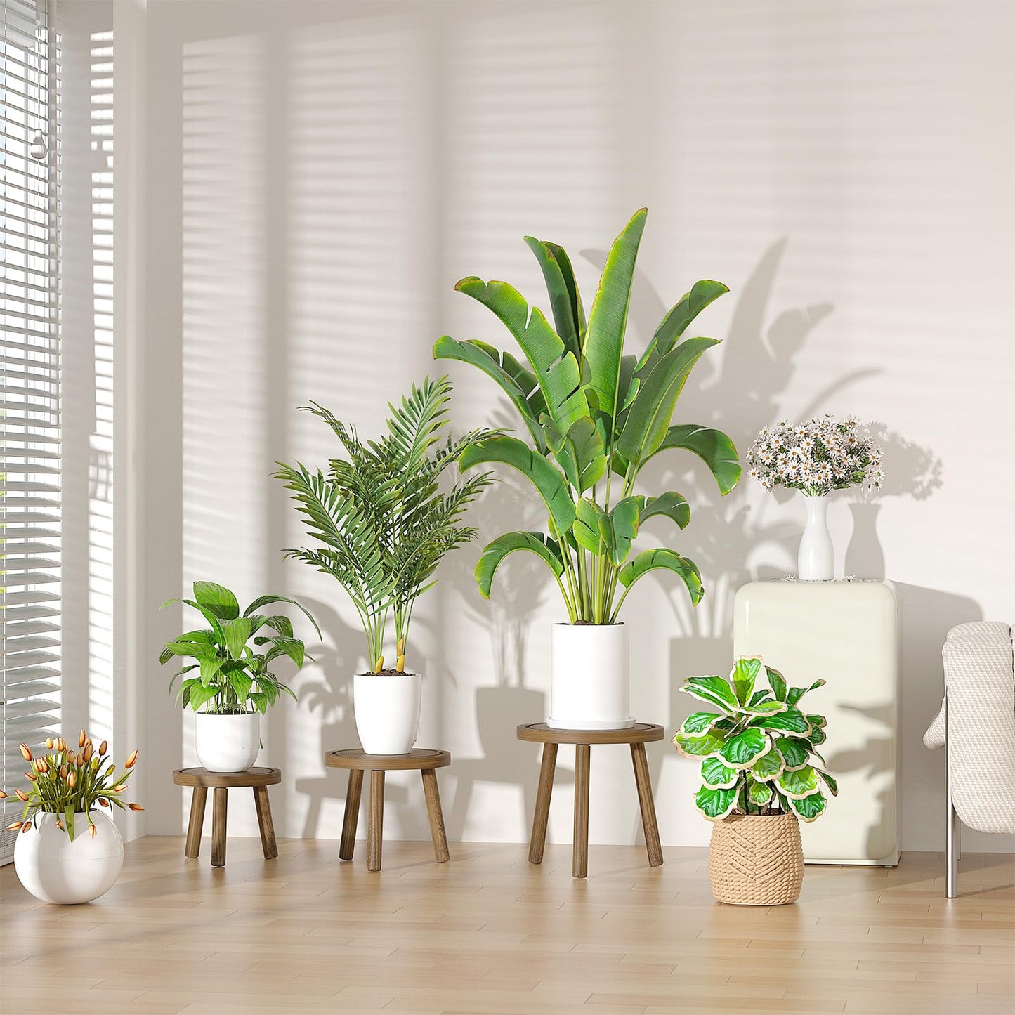 Vecxoty 3-Pack Wood Plant Stands Indoor, Single Plant Stand for 6-12 Inch Pots, Mid-Century Modern Plant Stool, Tall Plant Stand for Large Plants for Living Room, Balcony, Office (Dark Gray)