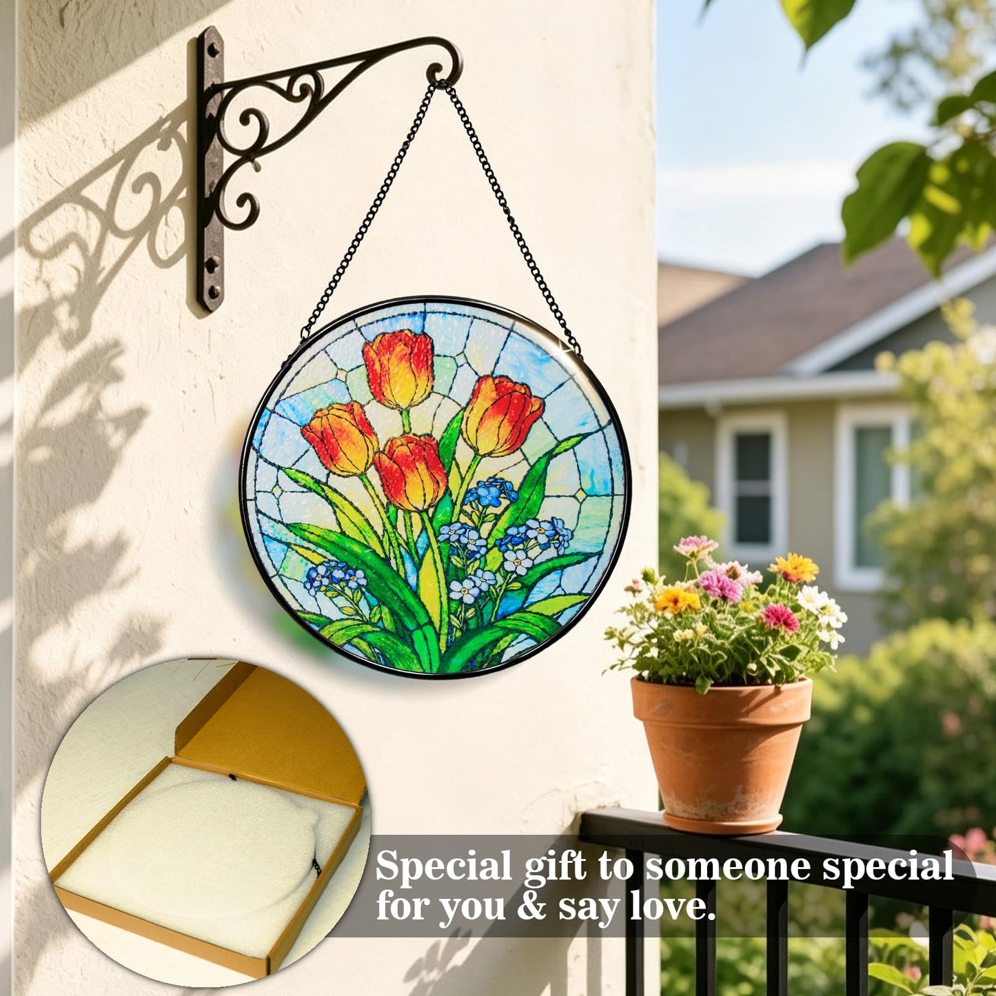 Katinyos 8 Inch Stained Glass Window Hanging, Sun Catcher with Metal Chain and Hooks, Decorative Stained Glass Panel for Garden & Patio (Tulip)