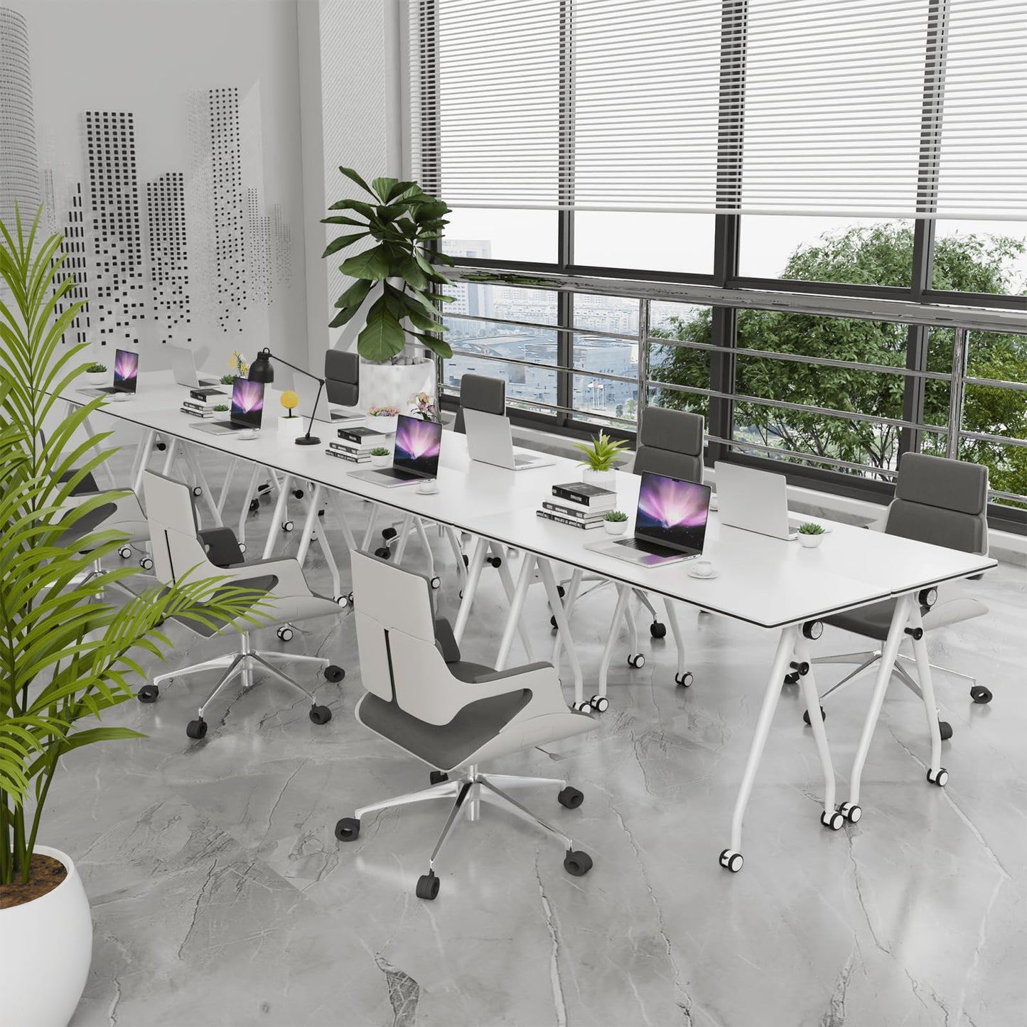 Conference Table with Wheels, Folding Conference Table with Knob & 4 Brake Casters, Modular Flip Top Mobile Conference Room Table for Office, Meeting, Training Room, Class (4, White, 55.1in)