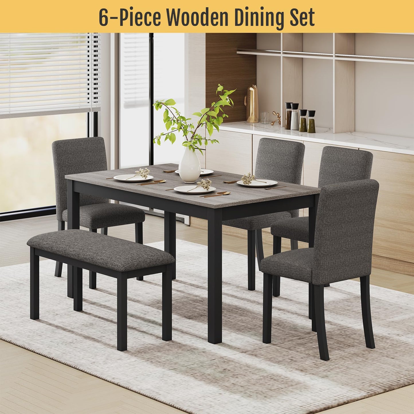 Zevemomo 6-Piece Solid Wood Dining Table Set, Including 1 Dining Table, 4 Upholstered Chairs and 1 Bench, Wooden Legs Dining Table Set for Dining Room, Kitchen, Restaurant, Dark Grey