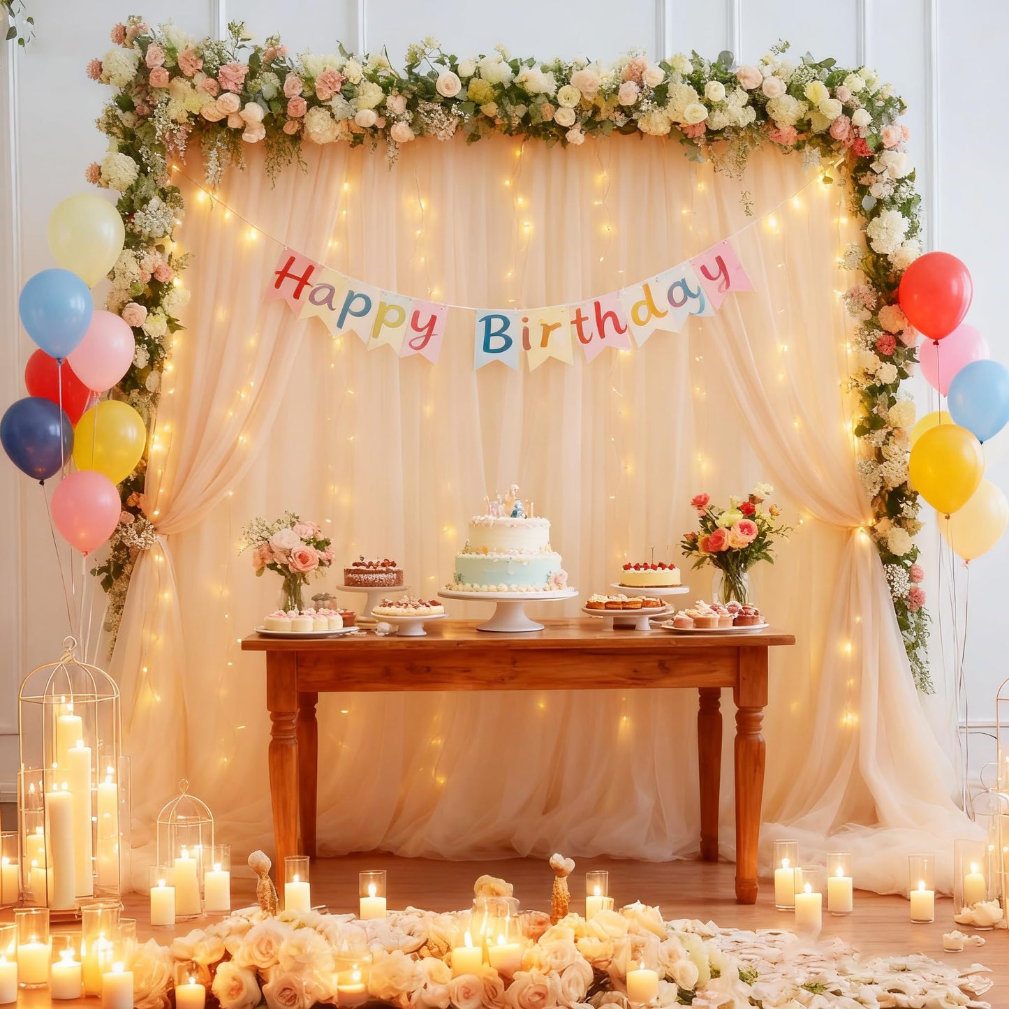 10x10ft Champagne Tulle Backdrop Curtain with Lights String for Parites, Sheer Photo Backdrop Curtains for Wedding Ceremony Bridal Shower Baby Shower Birthday Party Photo Shoot Background Decorations