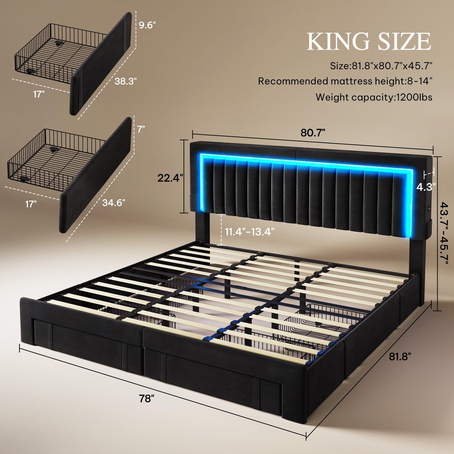 YITAHOME King Size Bed Frame with Velvet Vertical Tufted Upholstered Adjustable Headboard, 4 Storage Drawers, RGB LED Lights and USB Ports, No Box Spring Needed, Fast Assembly, Noise-Free, Black