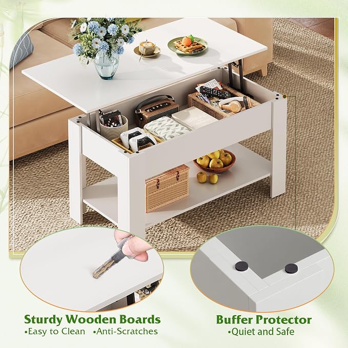 WLIVE Coffee Table, 39" Lift Top Coffee Table with Hidden Compartment, Storage Shelf and Lifting Top for Home Living Room, Office and Reception Room, White