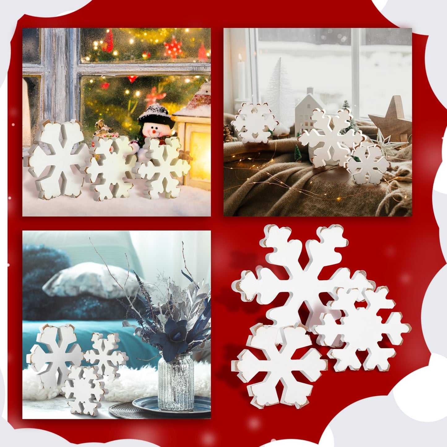 Bucherry 3 Pcs Winter Wooden Snowflake Decor Rustic Winter Snowflake Table Signs Wonderland Wood Blocks Farmhouse Christmas Tiered Tray Decorations for Xmas Table Shelf(Retro White)