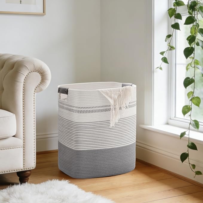 85L Tall Laundry Hamper with Handles for Living Room Storage, Extra Large Woven Rope Baskets Bin for Blanket, Kids Toy, Gifts, Wicker Hamper for Bedroom Dirty Clothes, 17"x14"x22" White Grey