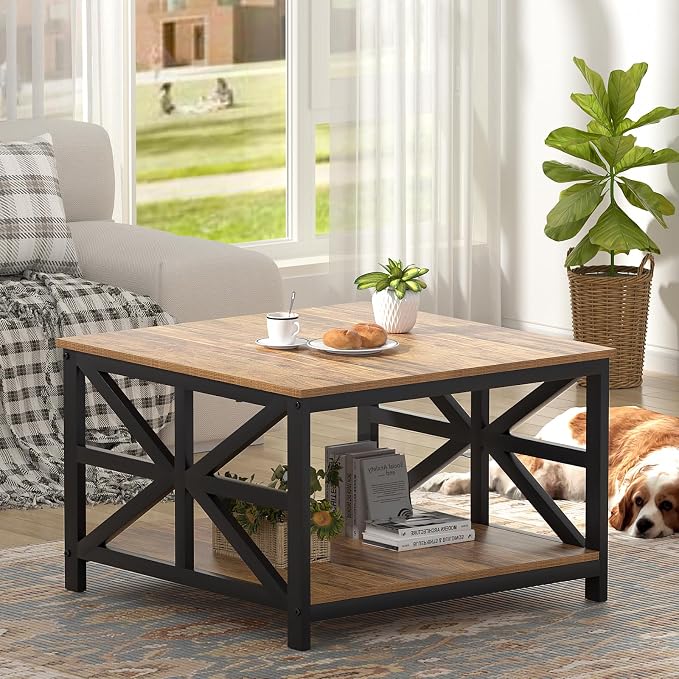 GreenForest Modern Living Room Coffee Table with 2 Tier Storage, Small Square Wood and Metal Farmhouse Center Table with Seamless One-Piece Tabletop, 27.55 Inch, Walnut