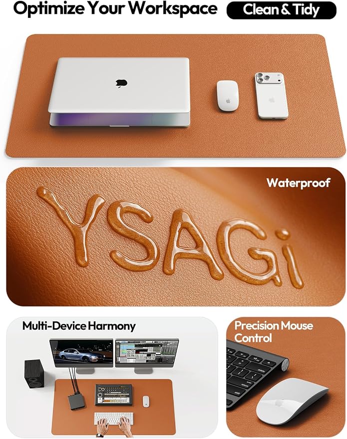 YSAGi Leather Desk Protector, Office Mat, Large Mouse Mat, Non-Slip PU Leather Blotter, Laptop Desk Mat, Waterproof Writing Pad for Office and Home(Brown, 63" x 17.2")