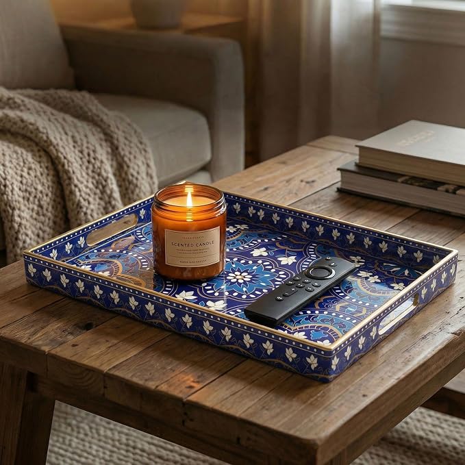Decorative Serving Tray with Handles - 15.7" x 11.8" Blue Mandala Pattern Rectangular Plastic Platter - Boho Coffee Table Tray for Ottoman, Breakfast in Bed & Living Room Decor