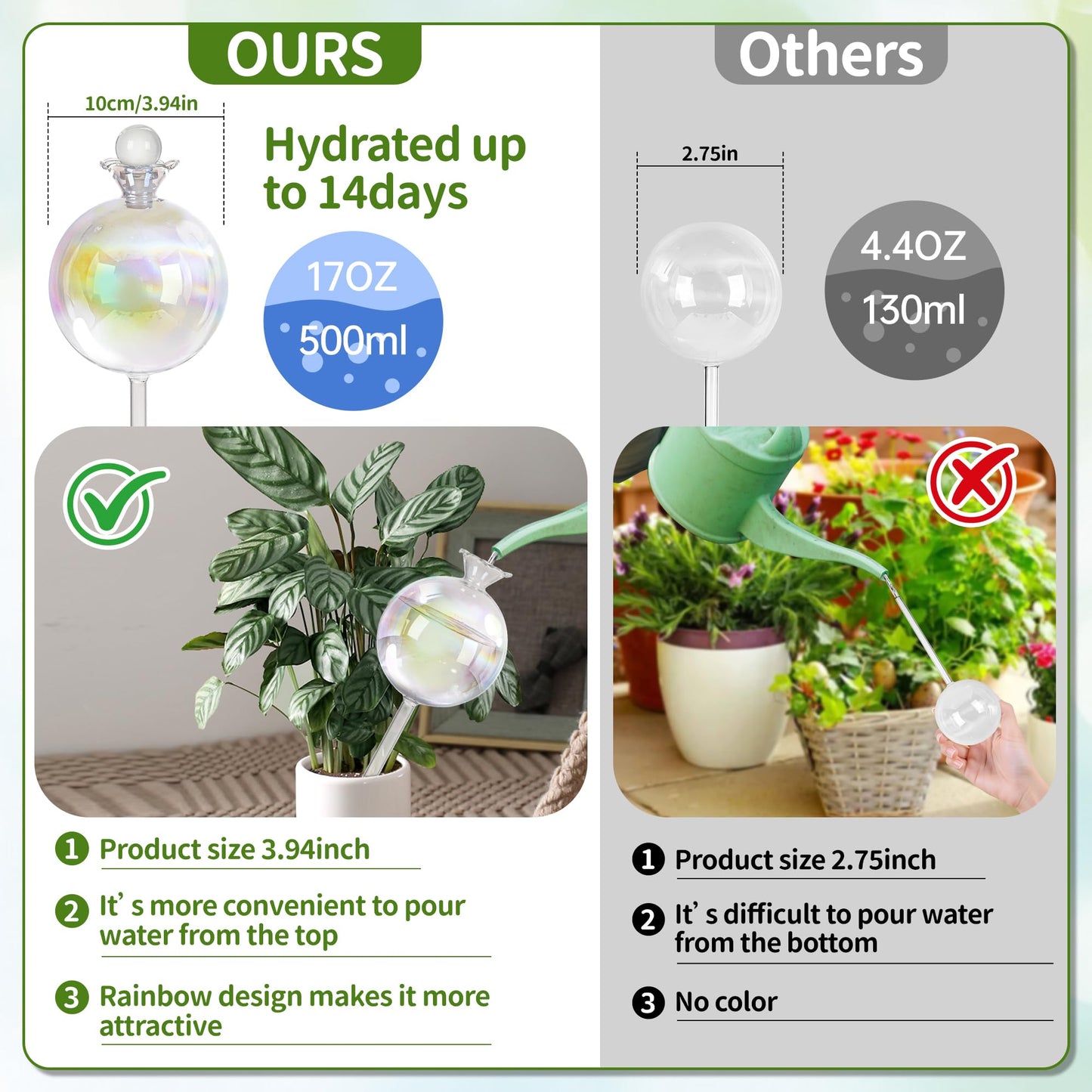 17 oz 2 Weeks Extra Large Plant Watering Globes, Iridescent Glass Self Watering Globes, Self Watering Planter Insert, Plant Watering Devices, Automatic Watering Bulbs for Daily Use (Large 4-Pack)