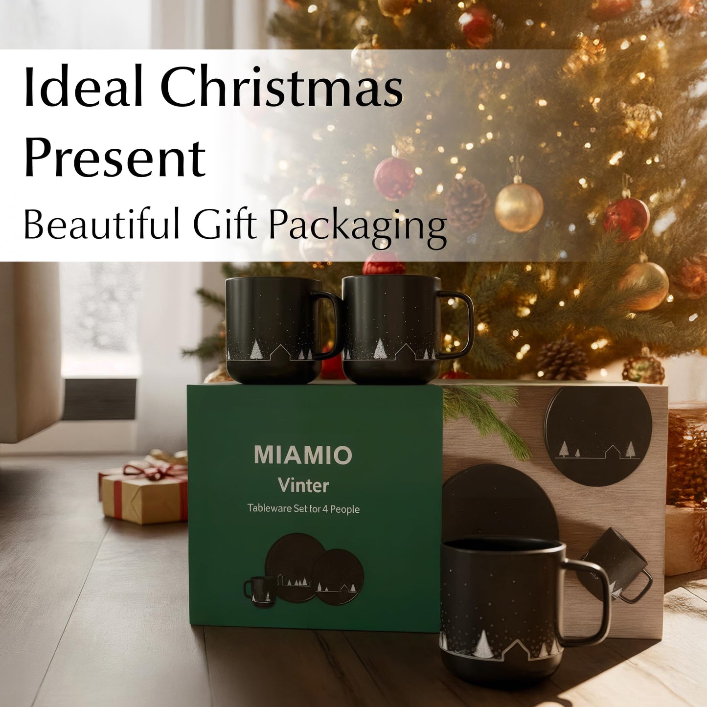 MIAMIO β Christmas Dinnerware Set 12-Piece/Christmas Plates Set with Mugs in minimalist holiday design (Service for 4) / Dishwasher and Microwave Safe β Vinter Collection