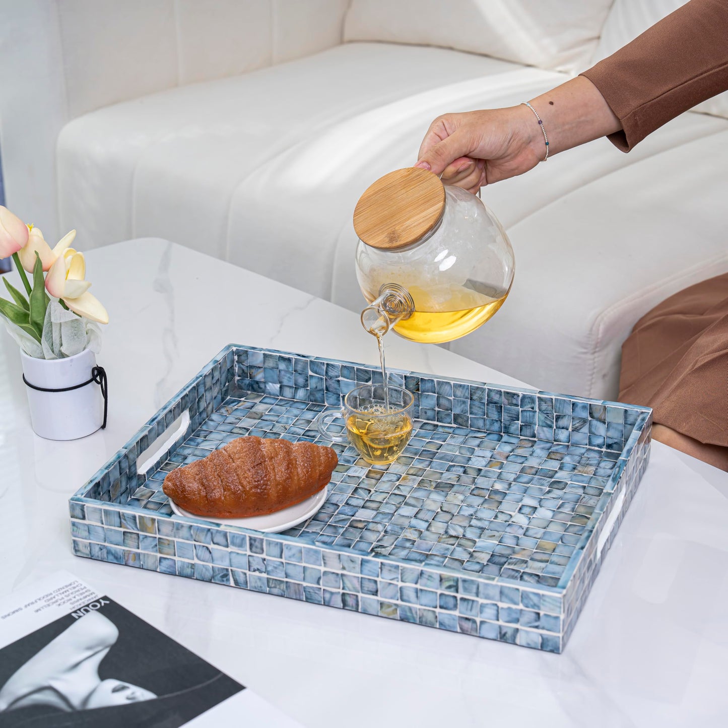 PEMAR Rectangular Mother of Pearl Serving Tray Nacre Wood Lap Ottoman Tray for Coffee Table, Luxury Decorative Handmade Eating Platters w Insert Handles (Blue Mosaic)