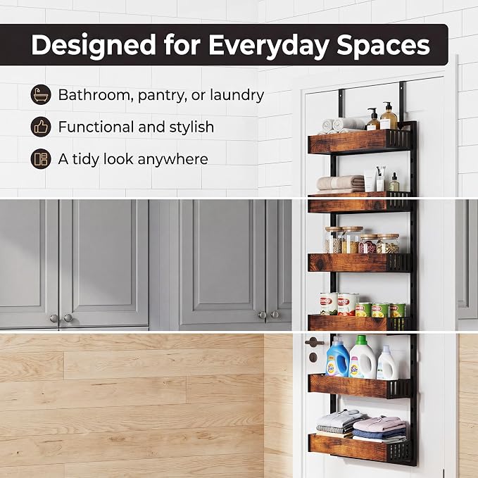 6-Tier Over the Door Pantry Organizer, 2-in-1 Door Hanging or Wall Mounted Spice Rack, Space Saving Metal Storage Shelves with Adjustable Baskets for Kitchen, Closet, Bathroom