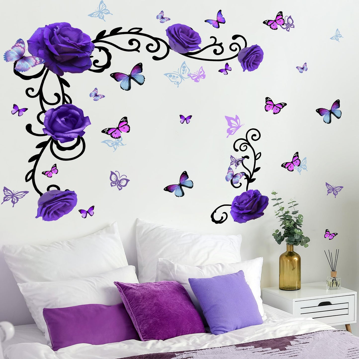 Removable Purple Floral Rose Wall Decor 3D Peel and Stick Flower Vine Black Plants Vines Leaf Wall Stickers Flying Butterfly Wall Decals for Kids Girls Baby Bedroom Nursery Living Room (Purple)