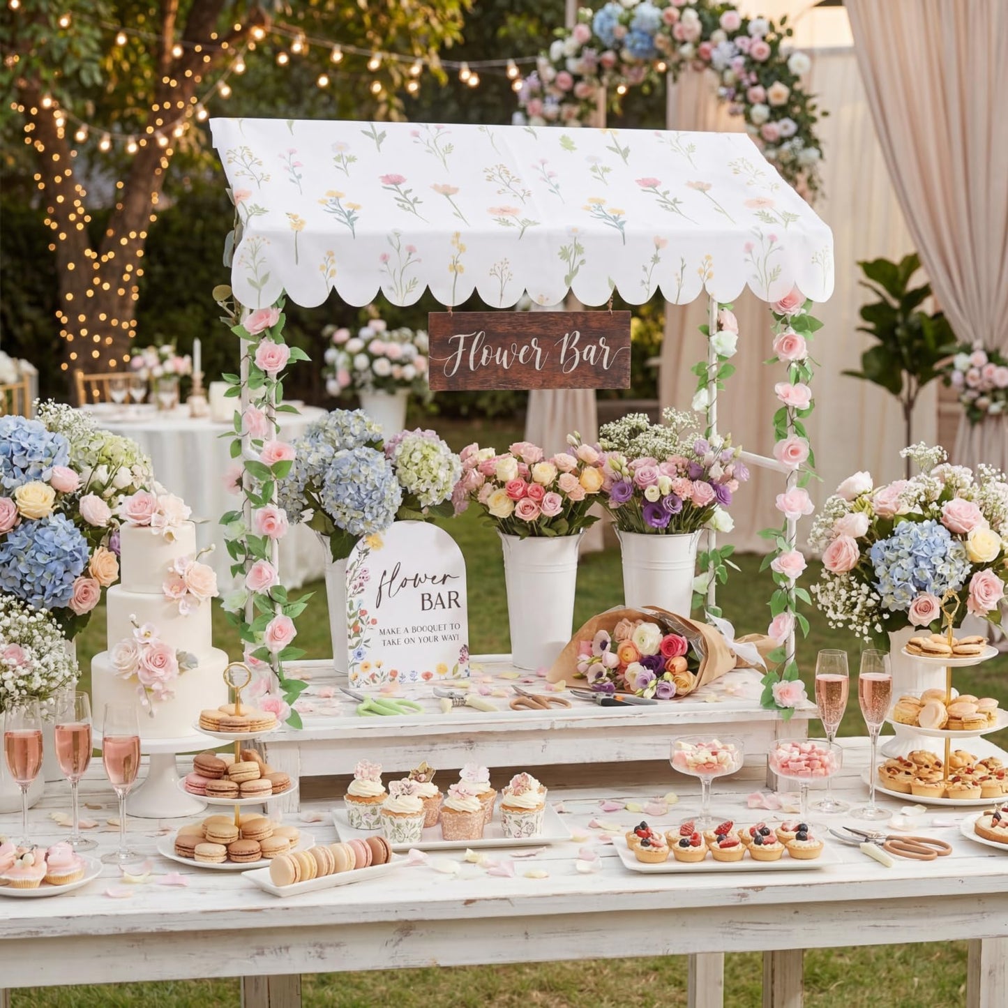 Chunm 7 Pcs Flower Bar Stand Kit Flower Display Bloom Bar with 1 Set Plastic Stand 1 Floral Sunshade Cloth 4 Rose Tinsel 1 Wood Sign for Wedding Shop Floral Party Supplies Garden