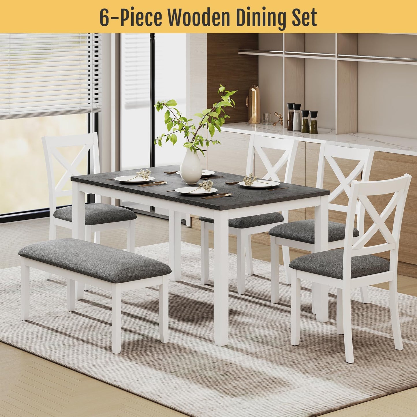 Zevemomo 6-Piece Solid Wood Dining Table Set, Including 1 Dining Table, 4 Upholstered Chairs and 1 Bench, Wooden Legs Dinner Set for Dining Room, Kitchen, Restaurant, White
