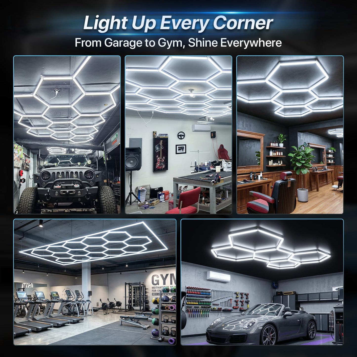HYPERLITE Gen II Hexagon Garage Lights: 168W 16800LM 5 Grids Hexagon Led Light, 6500K Ultra Bright Honeycomb Hex Lights, Durable Design for Garage, Shop, Basement, Barber, Homegym