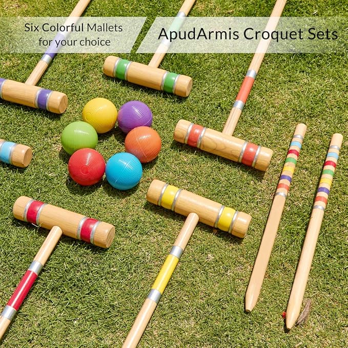 ApudArmis Six Player Croquet Set with Premiun Rubber Wooden Mallets 28In,Colored Ball,Wickets,Stakes - Lawn Backyard Outdoor Game Set for Adults/Teenagers/Family (Large Carry Bag Including)