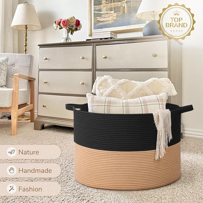 INDRESSME 115L Extra Large Cotton Rope Blanket Basket for Nursery, Boho Decor Baby Laundry Baskets for Kids Toy Organizer Storage Bin for Dirty Clothes Pillows Towel, Black & Camel
