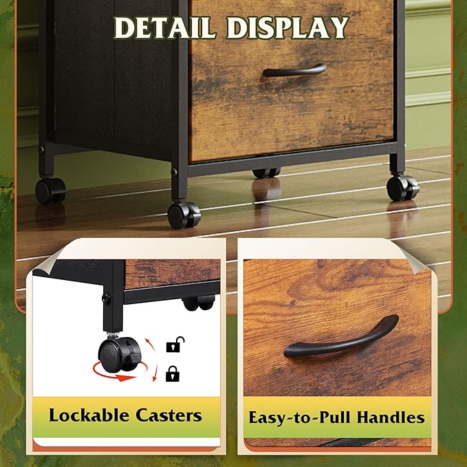 WLIVE Dresser with 3 Drawers, Fabric Nightstand, Cabinet with Wheels, Organizer Storage Dresser for Bedroom, Office, Closets, Sturdy Steel Frame, Easy Pull Handle, Rustic Brown Wood Grain Print